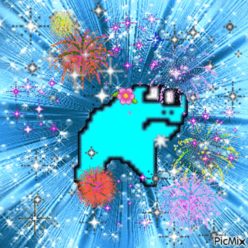 a picture of a blue bear with a flower on its head is surrounded by fireworks and sparkles