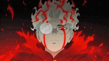 a cartoon drawing of a man with red eyes and glasses
