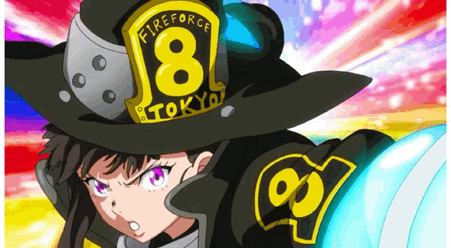 a girl with purple eyes is wearing a fireforce 8 tokyo hat
