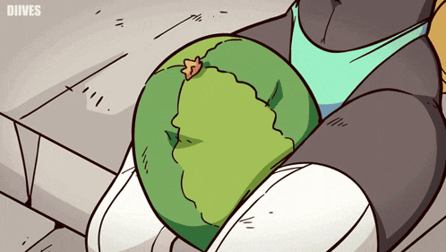 a cartoon drawing of a person holding a watermelon with the word diives on the bottom left