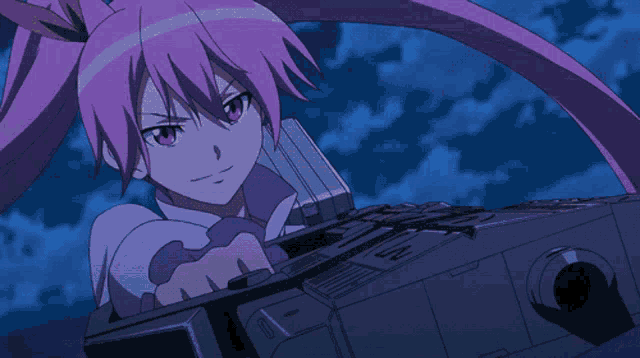 a girl with pink hair is holding a yellow object in her hand