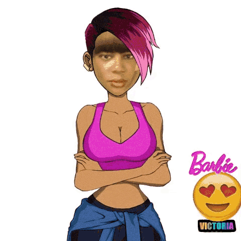 a cartoon of a woman with purple hair and a barbie sticker
