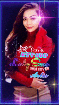 a lady in a red sweater with the words lady sara gameover artist on it