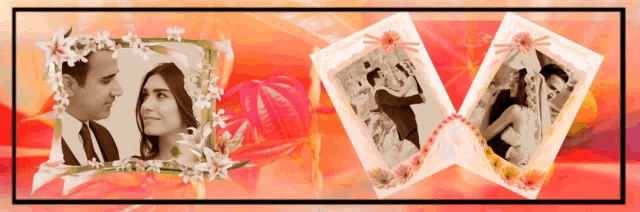 a picture of a man and a woman is surrounded by flowers and ribbons
