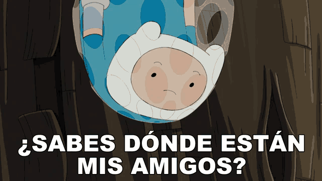 a cartoon character hanging upside down with the words sabes donde estan mis amigos