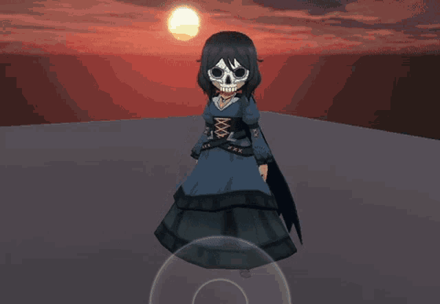 a cartoon character with a skeleton face and a blue dress