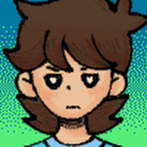 a cartoon drawing of a boy with brown hair and a blue shirt