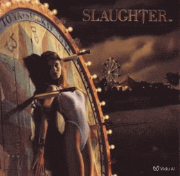 a woman is standing in front of a ferris wheel on the cover of slaughter album
