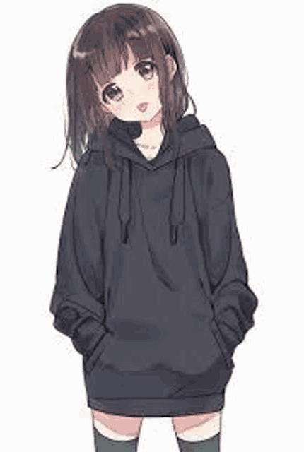 a cute anime girl wearing a black hoodie and knee high socks .