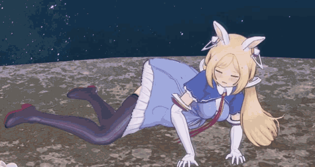 a girl in a blue dress and white gloves is laying on the ground with her eyes closed