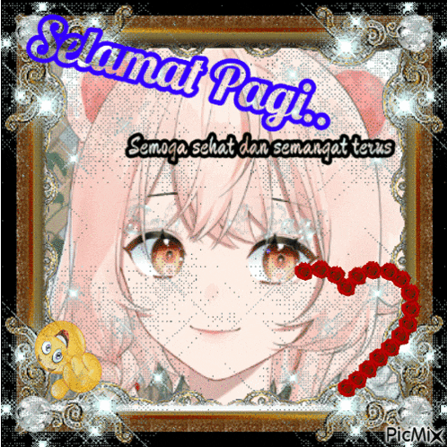 a picture of a girl with the words selamat pagi written on it
