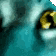 a close up of a person 's face with a blue background and yellow eyes .