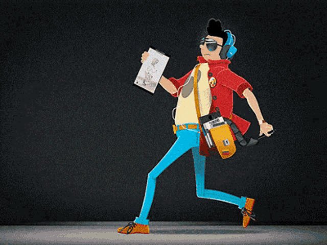 a cartoon drawing of a man running with a yellow bag that says ' a ' on it