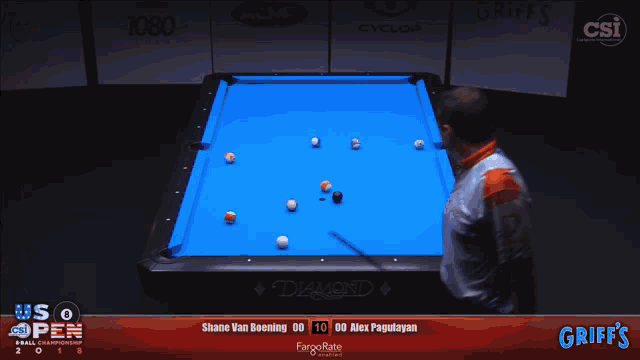 a pool table with a blue cloth and a man wearing an usa shirt