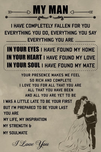 a poster with a bride and groom kissing and the words " my man "