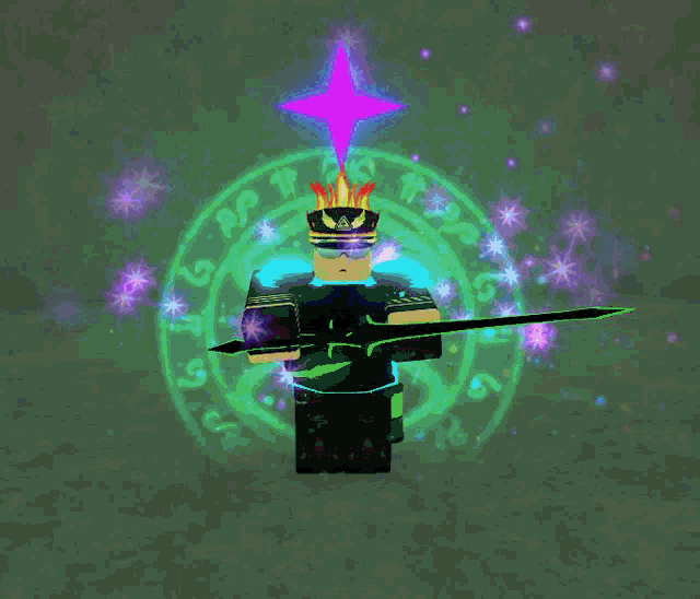 a cartoon character with a sword in front of a green circle with a purple star on top of it