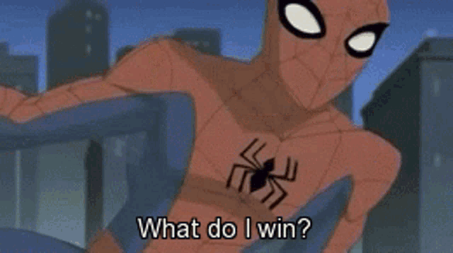 a cartoon of spider-man holding a traffic cone and saying `` what do i win '' .