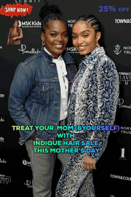 two women standing next to each other with the words treat your mom ( yourself ) on the bottom