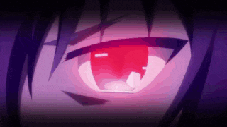 a close up of an anime character 's red eye