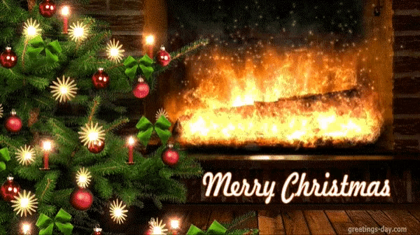 a merry christmas greeting card with a fireplace and a christmas tree