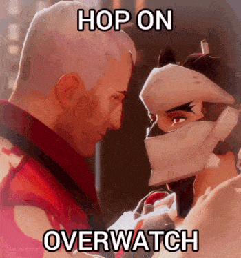 a cartoon of two men looking at each other with the words hop on overwatch above them