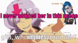 a picture of a girl with the words i never noticed her in this scene girl who implies your hair