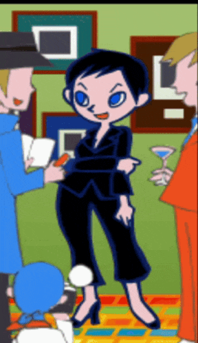 a cartoon of a woman in a black suit talking to two men