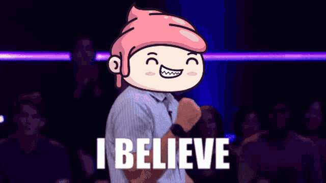 a cartoon character with a pink hair and the words " i believe " behind him
