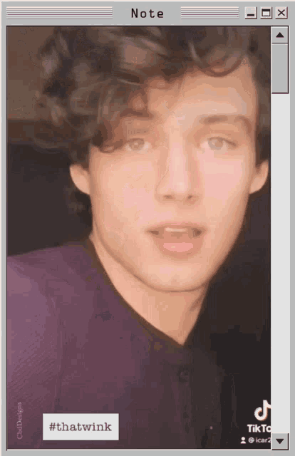 a young man 's face is displayed in a note window with a button that says #thatwink