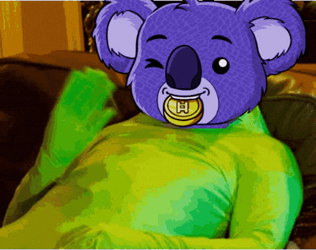 a purple koala bear with a coin in its mouth with the letter h on it