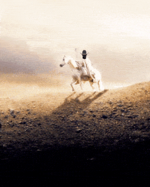 a man in a cowboy hat is riding a white horse in the desert