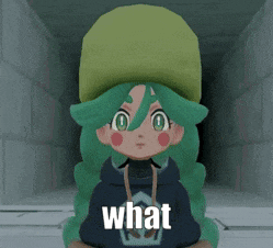 a cartoon character with green hair is wearing a green hat and a black hoodie that says what