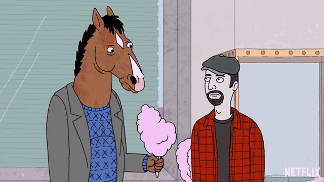 a cartoon of a horse holding cotton candy next to a man wearing a plaid shirt