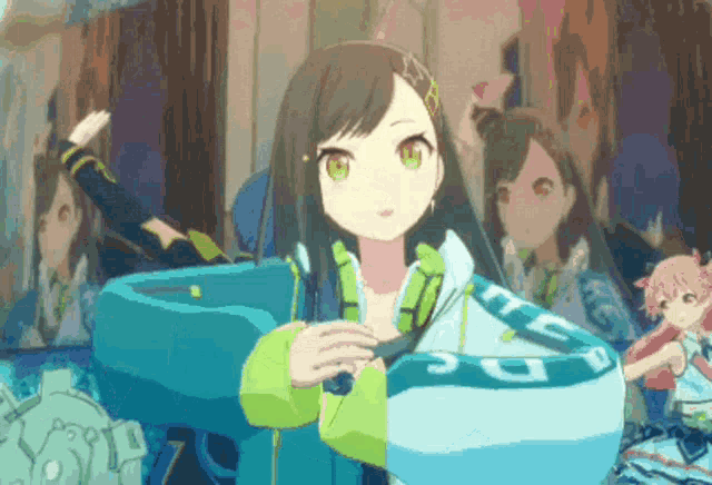 a girl with long hair and green eyes is standing in front of a wall with a picture of a girl behind her .