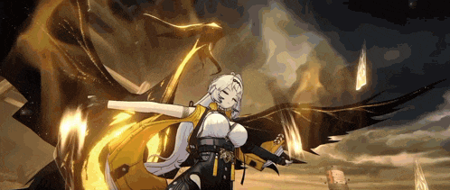 a woman with wings is holding a sword in front of a dragon .
