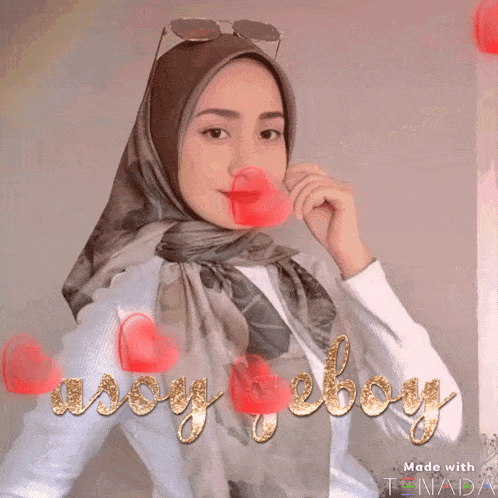 a woman wearing a scarf and sunglasses is surrounded by hearts and the words " made with tenada "