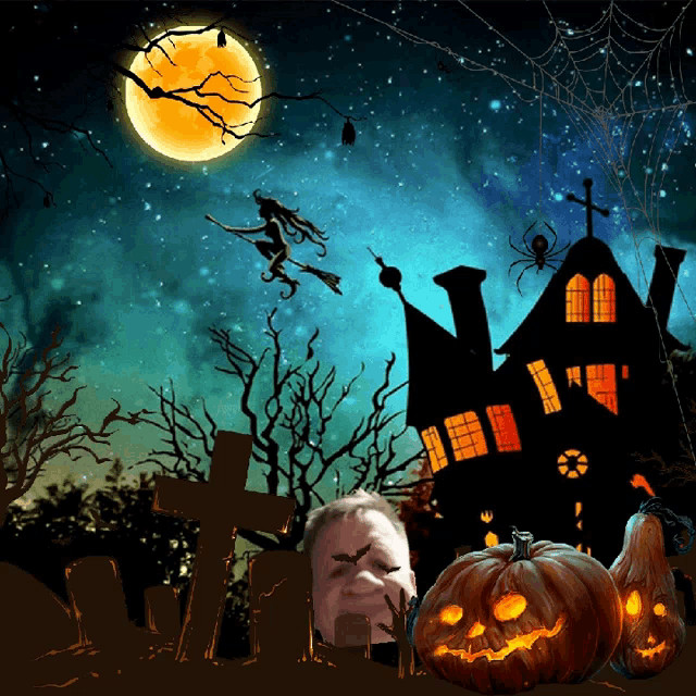 a halloween scene with a witch flying over a haunted house and pumpkins