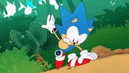 a cartoon drawing of sonic the hedgehog in a forest