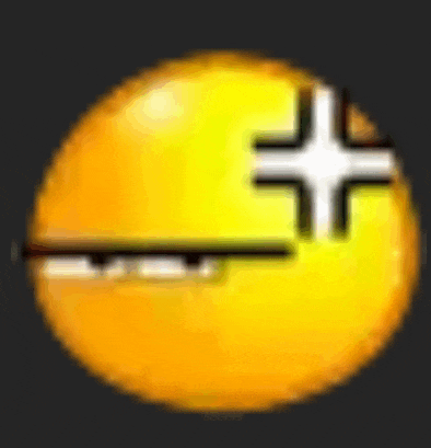 a yellow smiley face with a white cross on it 's face .