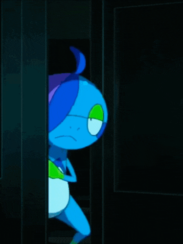 a blue and purple cartoon character with a green glove on