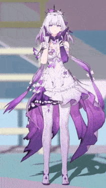 a girl with purple hair and a white dress is standing in front of a building