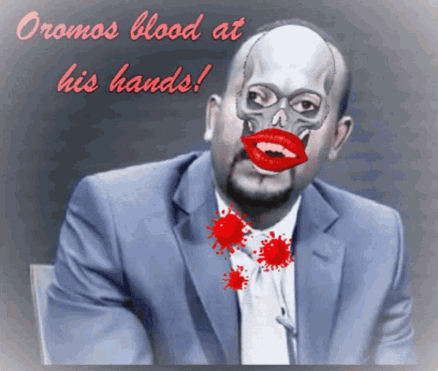 a drawing of a man with a skull on his face and the words " oramos blood at his hands "