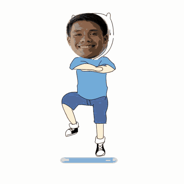 a cartoon of a boy standing on one leg with his arms crossed and smiling