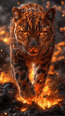 a leopard with bright orange eyes is walking through a fire