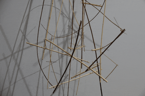 a bunch of wooden sticks are hanging from a wall