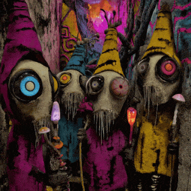 a painting of a group of cartoon characters with strange eyes