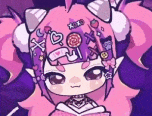 a cartoon girl with pink hair and purple horns is wearing a necklace and a book .