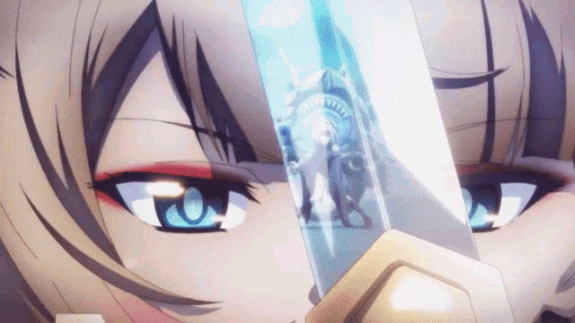 a close up of a girl holding a sword with a statue of liberty in the background