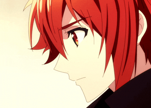 a close up of a anime character with red hair
