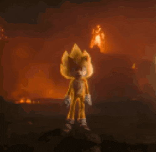 sonic the hedgehog is standing in front of a fire in a video game .